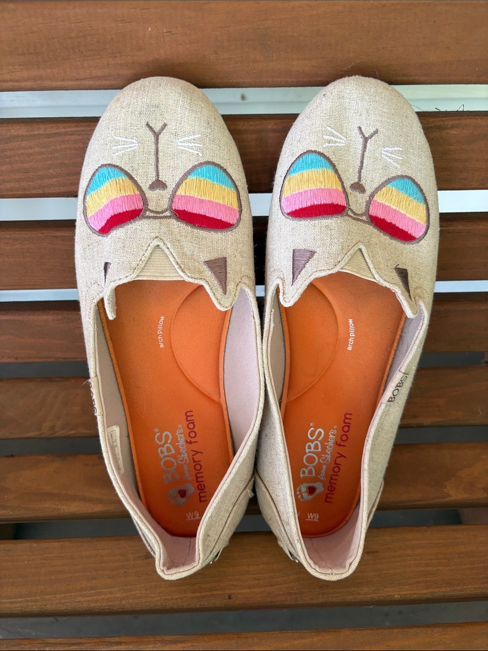 BOBS from Skechers Beige Cat Slip-Ons with Rainbow Embroidered Ears